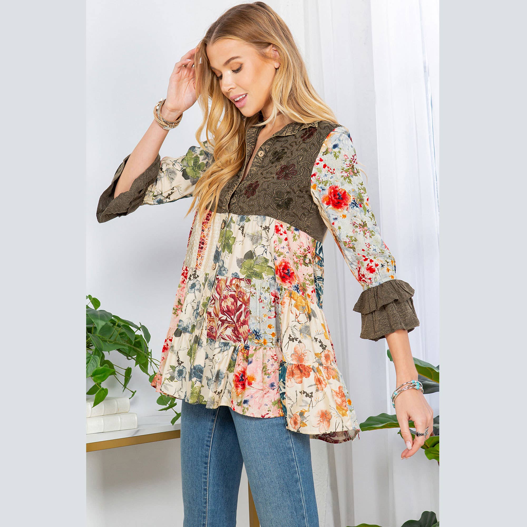 Young Threads - Wholesale Blouse - Women's - Western Denim Yoke Patchwork Tiered Tunic Top (New Color)42