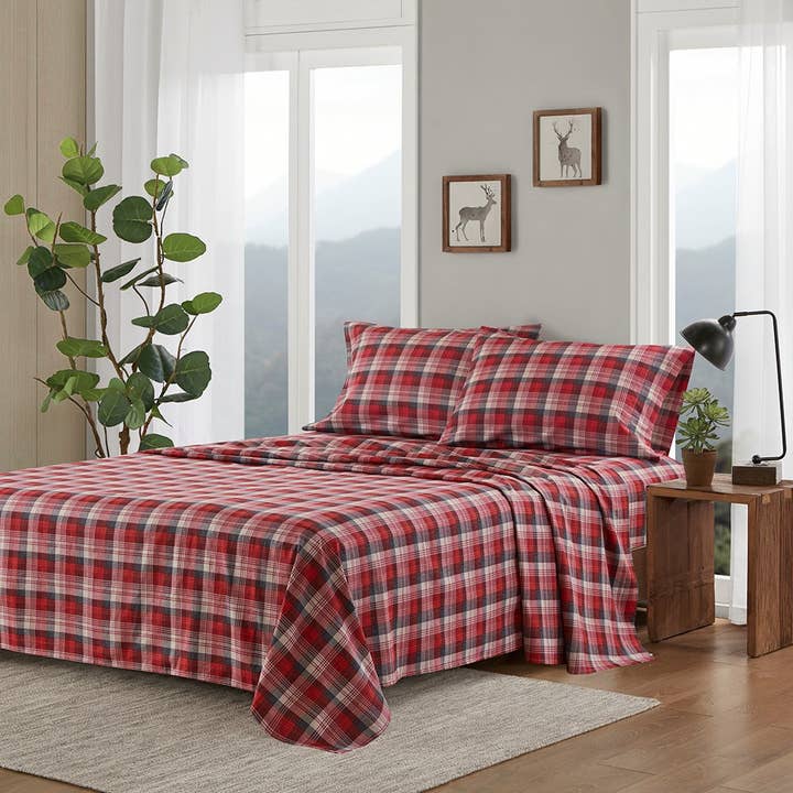 4-Piece Cotton Flannel Sheet Set, Red Plaid for wholesale by Olliix