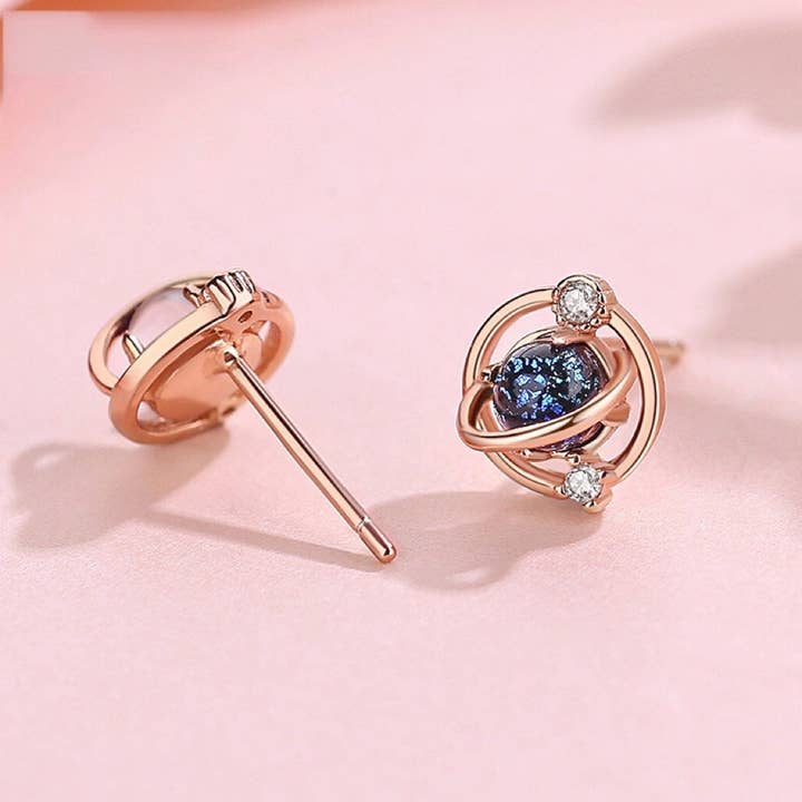 Perimade & Co. LLC - Wholesale Stud/Post Earrings - Planet Saturn Space Stud Earrings in 925 Sterling Silver