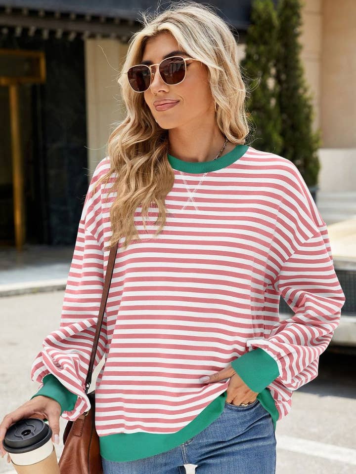 NINEXIS - Wholesale Blouse - Women's - CWTBLL1888_FALL CREW-NECK STRIPED LONG-SLEEVED TOP