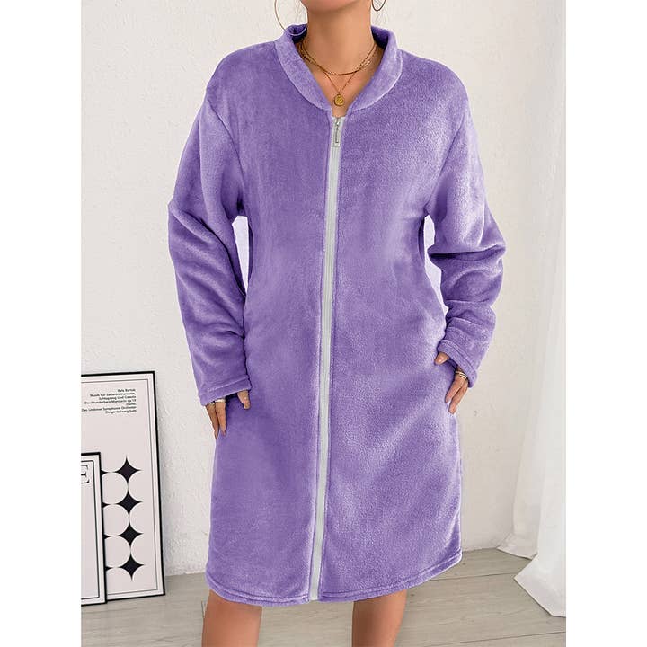 UNISHE - Vendita all'ingrosso Maglia loungewear - Donna - Vestaglia con cappuccio in flanella solida con zip ZK36013