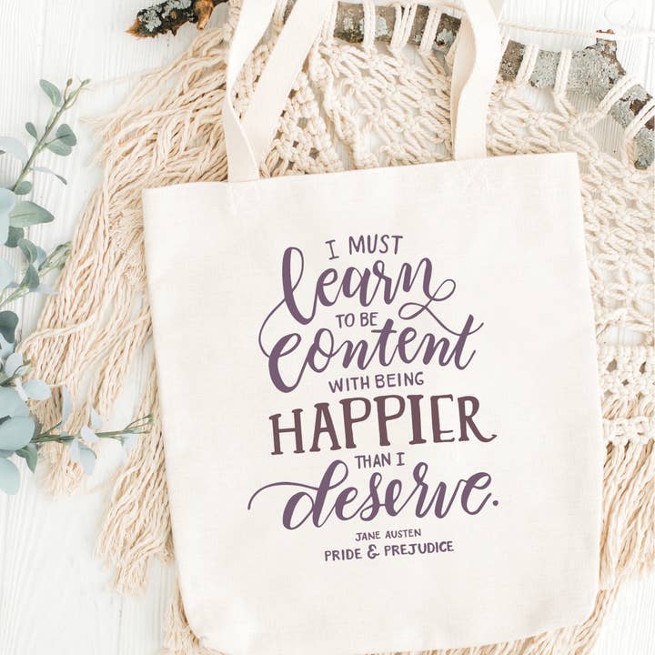 I Must Learn To Be Content Austen Quote Tote Bag | Pride & Prejudice for wholesale by Love British Lifestyle