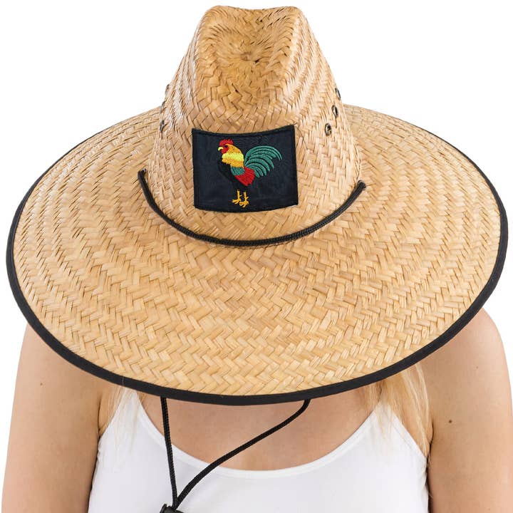 Black Rooster El Gallo Patch Eyelet Straw Lifeguard Hat for wholesale on Faire