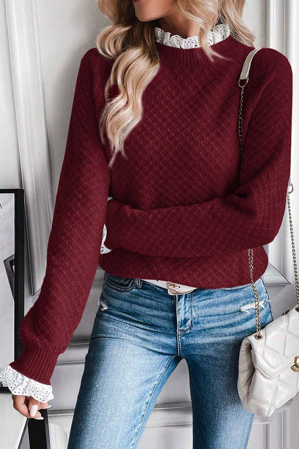 Burgundy Contrast Lace Frilled Trim Raglan Sleeve Sweater for wholesale on Faire