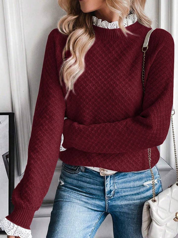 Burgundy Contrast Lace Frilled Trim Raglan Sleeve Sweater for wholesale on Faire0