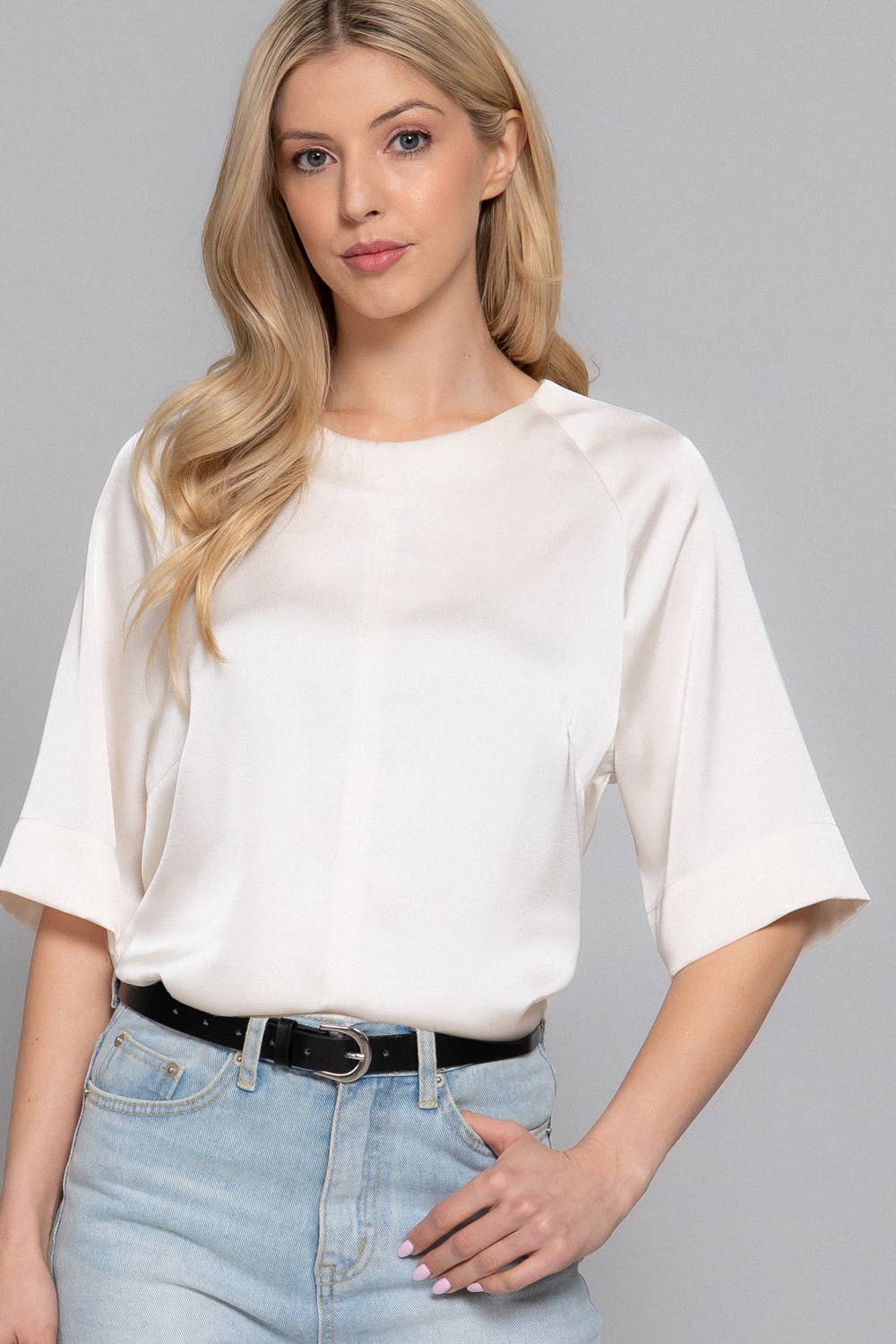 Active Basic | Active USA - Wholesale Blouse - Women's - Raglan Elbow Sleeve Side Slit Back Closure Satin Blouse5