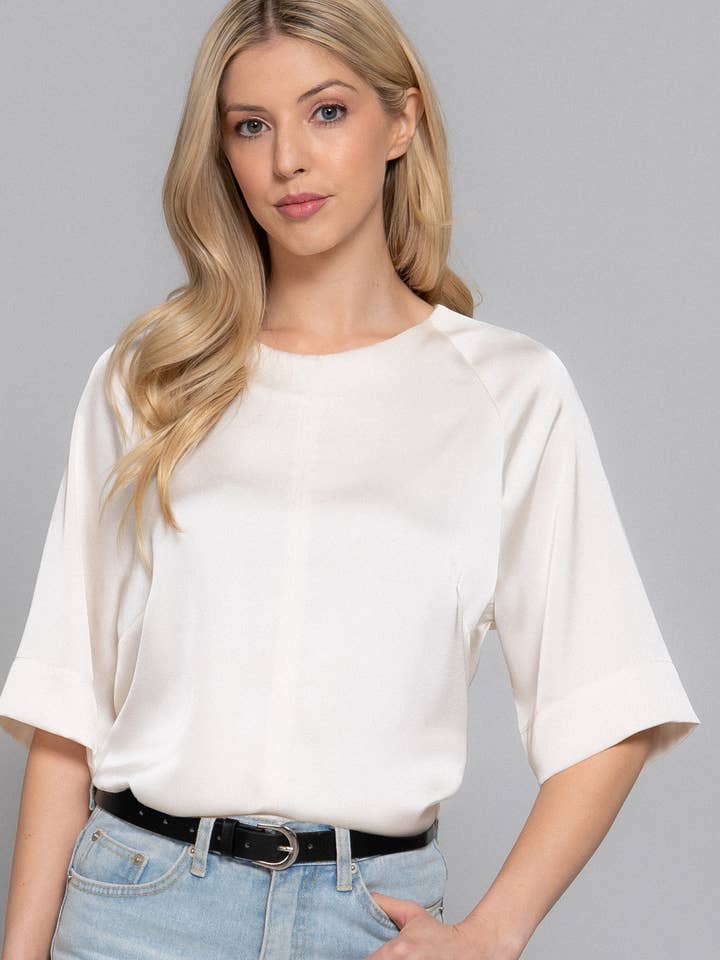 Active Basic | Active USA - Wholesale Blouse – Women’s - Raglan Elbow Sleeve Side Slit Back Closure Satin Blouse5