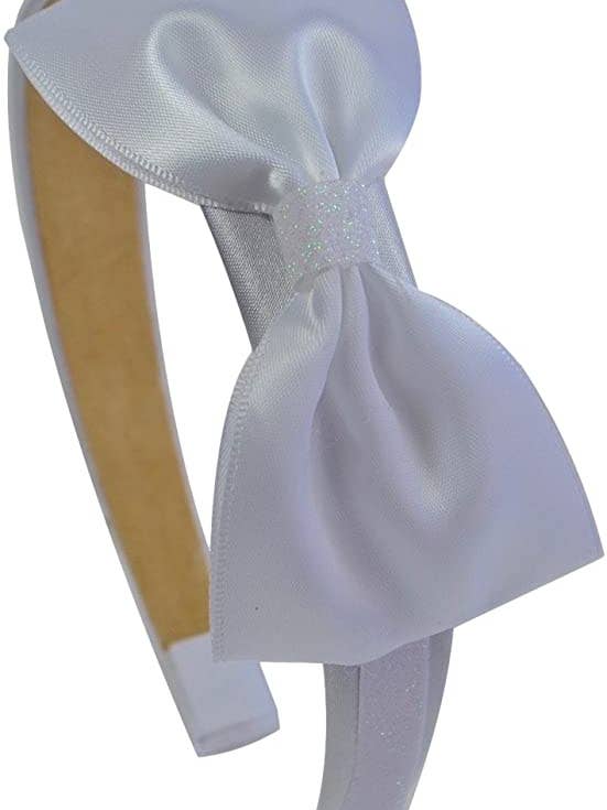 Bandeau arqué blanc scintillant avec nœud en satin simple pour la vente par Funny Girl Designs