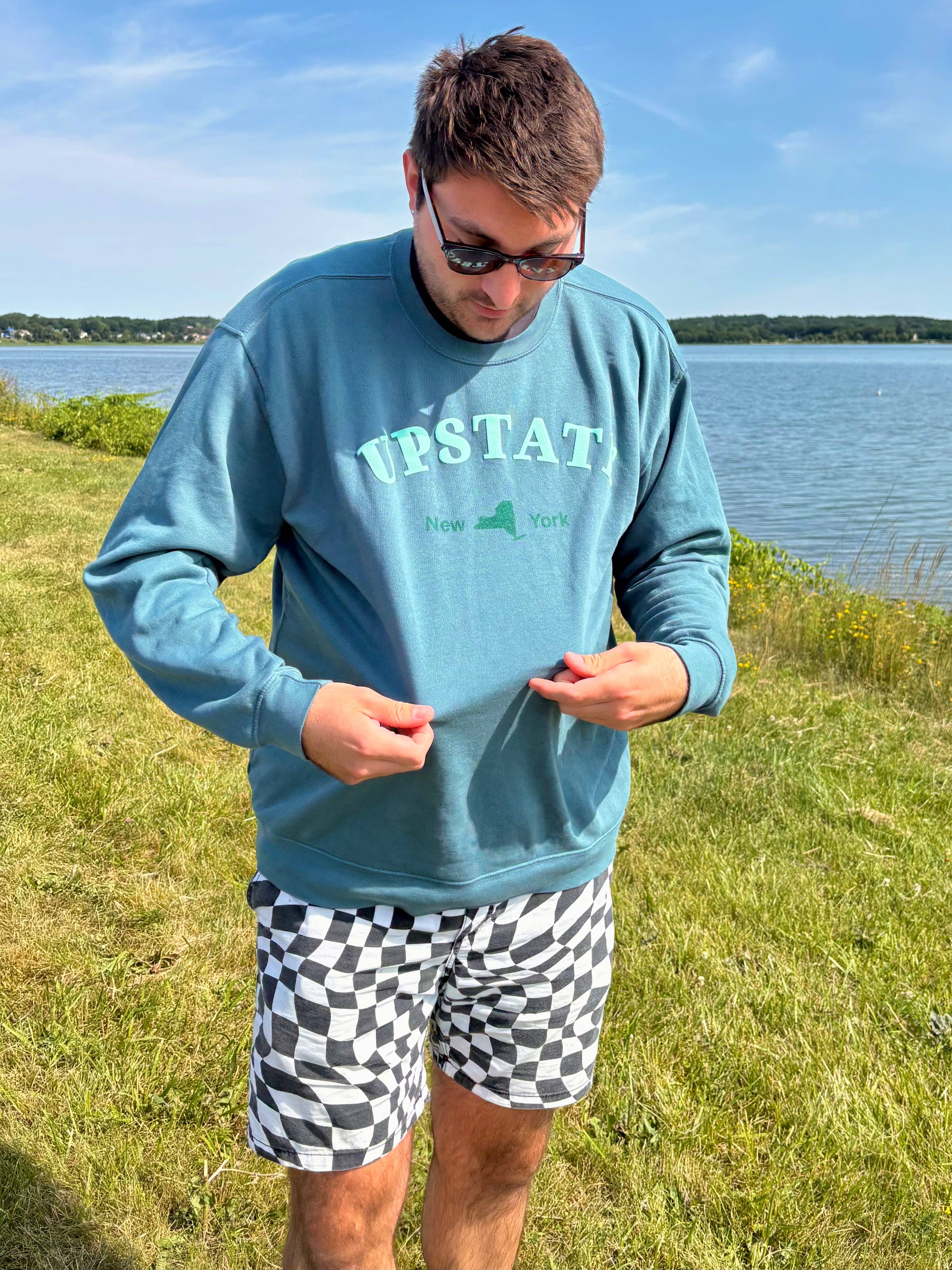 Just Wandering Co. - Wholesale Graphic Sweatshirt - Women's - Upstate New York Teal Puff Print Crewneck – Dyed Ringspun Fleece6