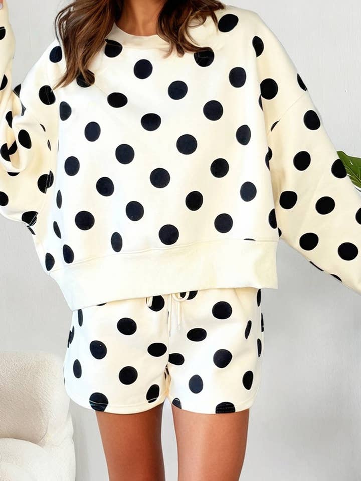 Polka Dot Print Drop Shoulder Pullover Drawstring Short Set for wholesale by LA Society