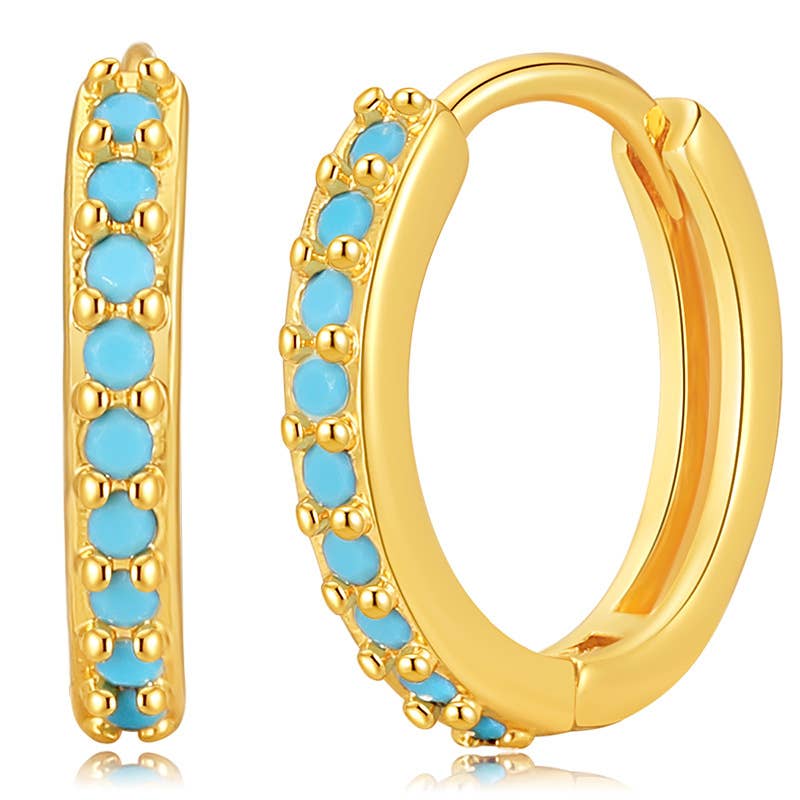 Melange Blanc - Wholesale Huggie Earrings - E138 Paved turquoise huggie hoop earrings, gold hoops7