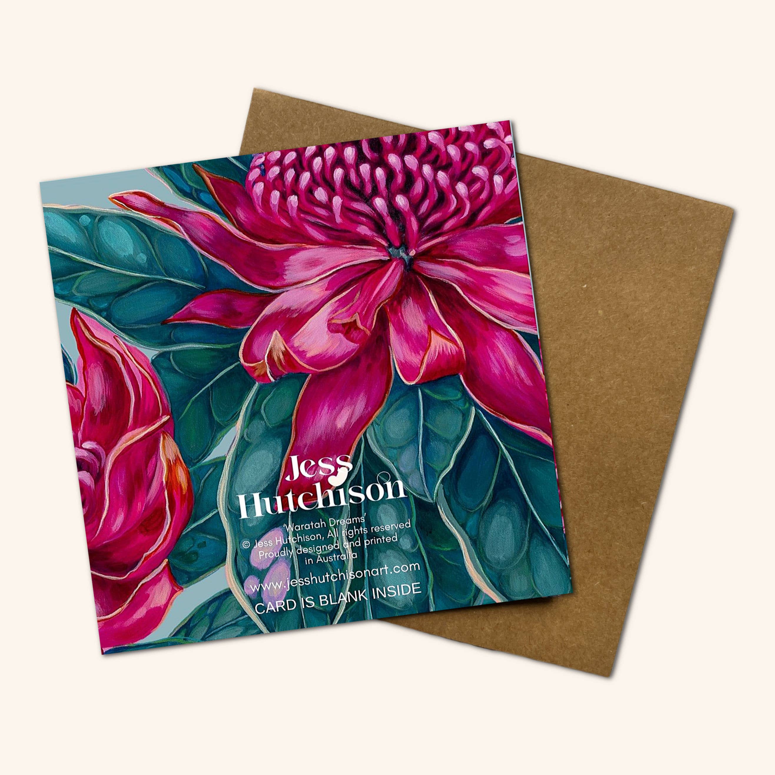 Jess Hutchison Art - Wholesale Everyday greeting card - New design - 'Waratah Dreams' in Green Greeting Card 1