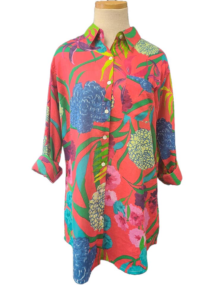 KikiSol - Wholesale Button Down Shirt - Women's - Melon Hydrangea KikiSol Boyfriend Shirt