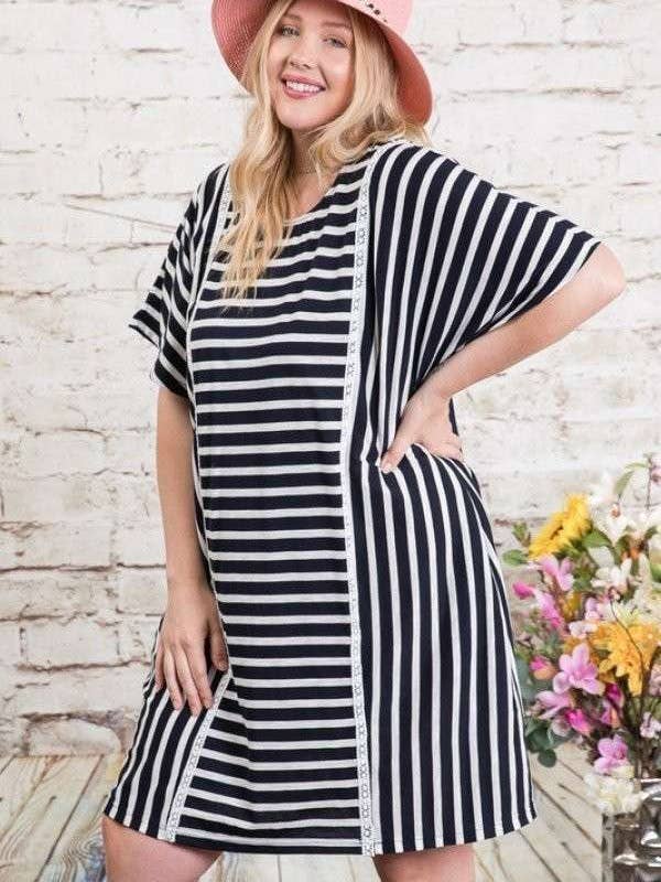 Davi & Dani - Wholesale Dress - Women's - PLUS SIZE STRIPED ELASTIC WAIST DOLMAN DRESS