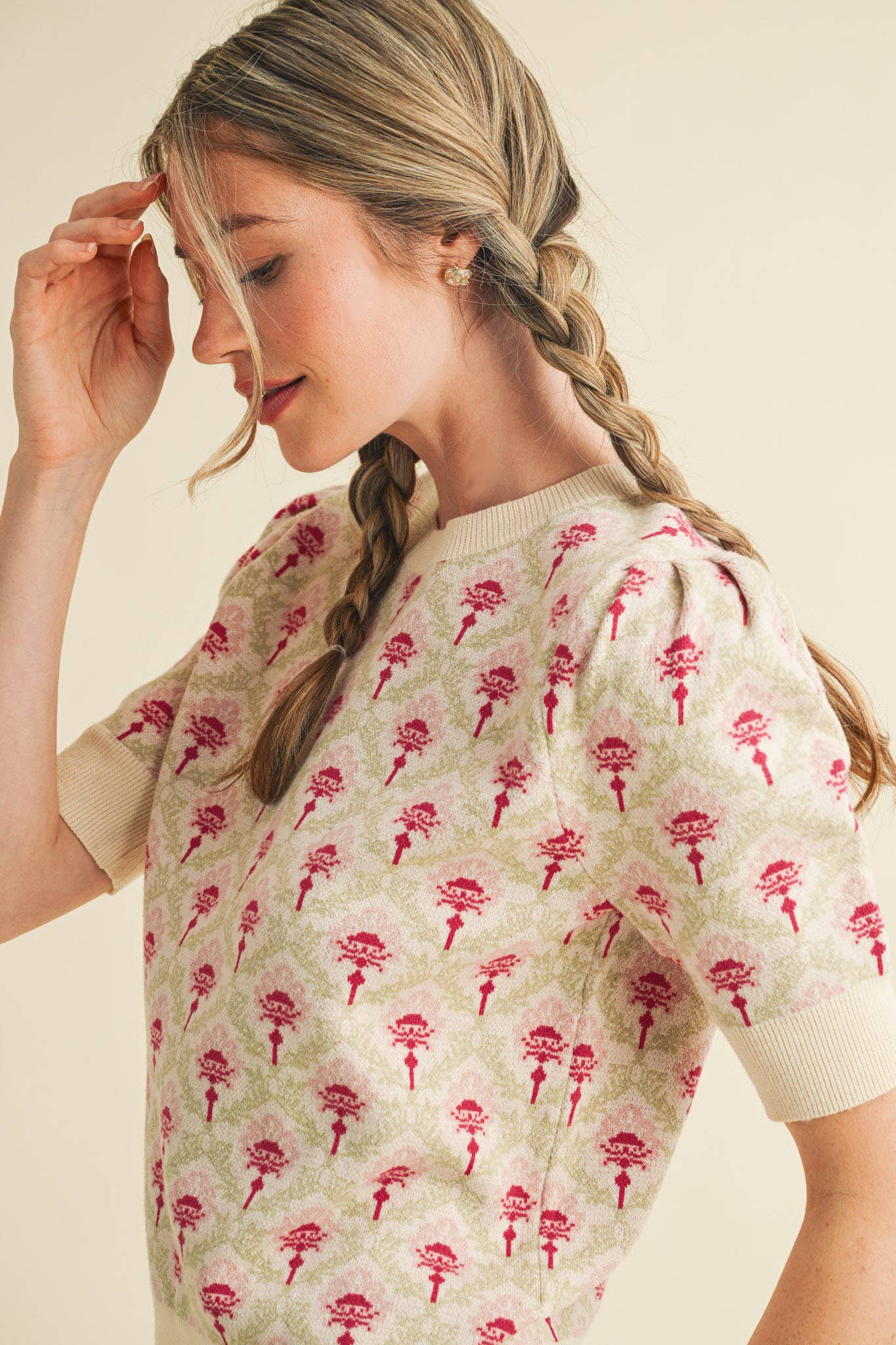 &MERCI - Wholesale Knit Sweater - Women's - FLORAL PATTERN SHORT SLEEVE SWEATER MSW1086027