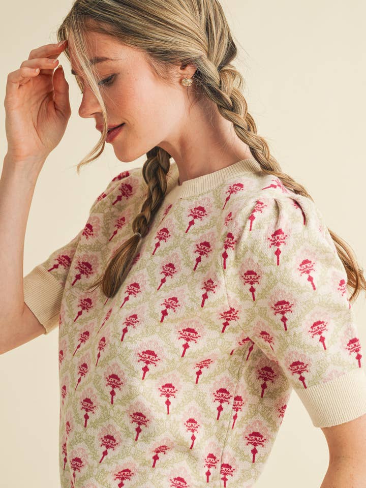 &MERCI - Wholesale Knit Sweater - Women's - FLORAL PATTERN SHORT SLEEVE SWEATER MSW1086027