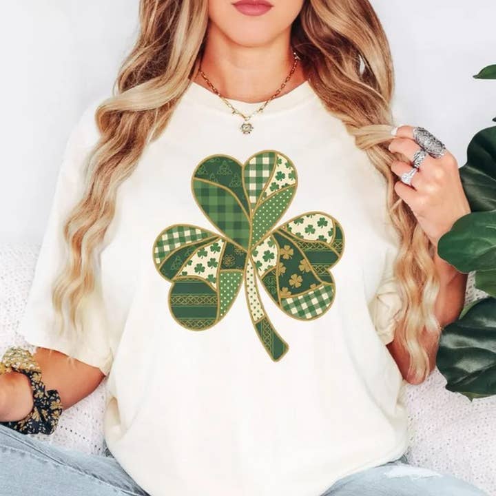 St Patrick's Day Shirt, Faux Patchwork Shamrock,Irish T-Shit for wholesale by AJCanvasPrints