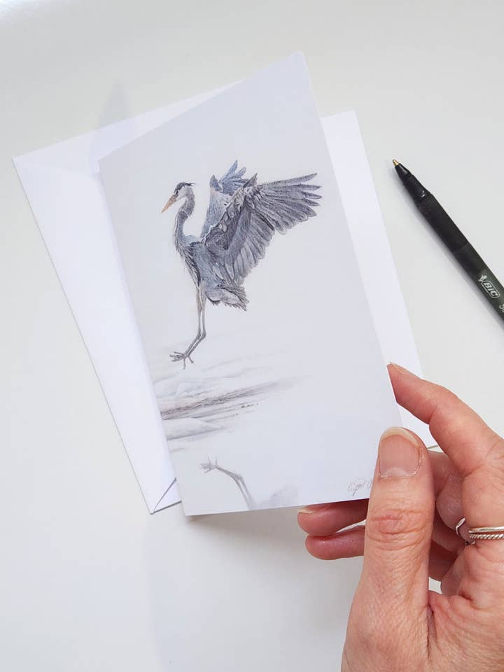 Heron Greeting Card "The Art of Landing" for wholesale by Crystal Clarke Animal Art