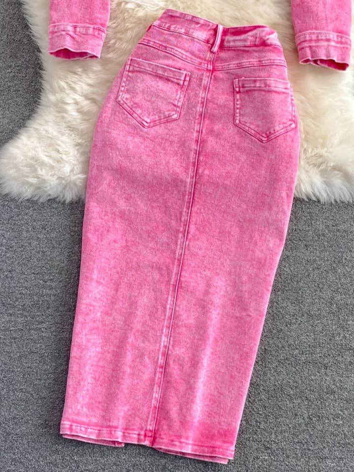 PINK Denim Cropped Jacket and Split-Hem Midi Skirt Set for wholesale on Faire5