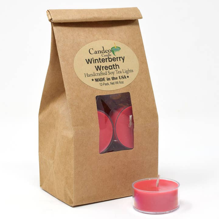 Winterberry Wreath, Soy Tea Light 12-Pack for wholesale by Candeo Candle
