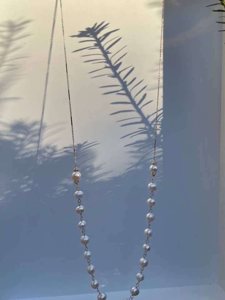 HWJ Necklace - 14K Gold Filled Bar/Link Chain, Natural Pearl for wholesale by Helen Wang Jewelry