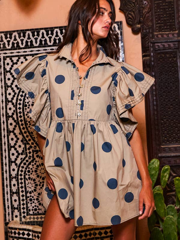 BUCKETLIST - Wholesale Dress - Women's - ID4283 Ruffle Sleeve Pintuck Detail Polka Dot Mini Dress