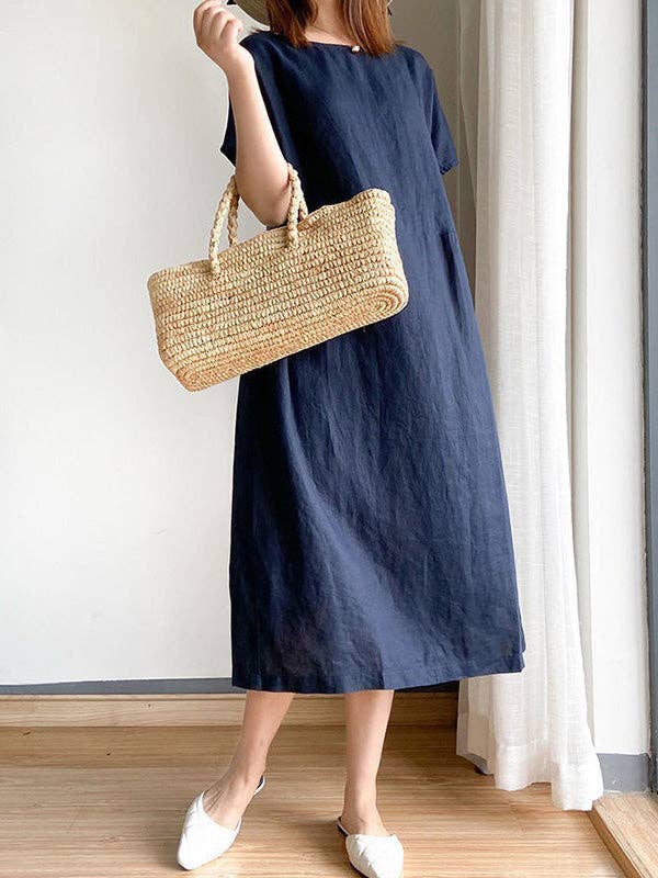 StyleGalX - Wholesale Dress - Women's - Casual Loose Solid Color Round-Neck Midi Dresses5