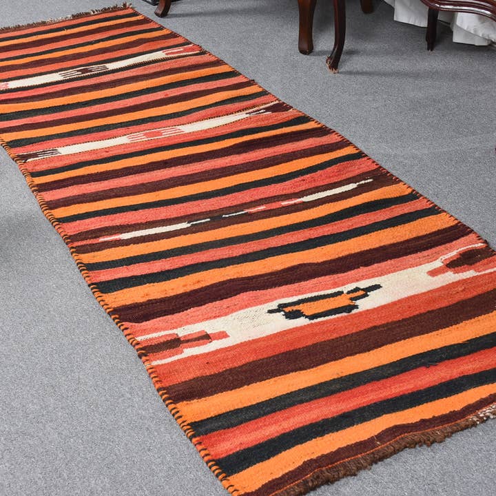 Handmade 3x8.4 Ft Striped Rug, Traditional Orange Rug for wholesale by Vintage Rugs Loom
