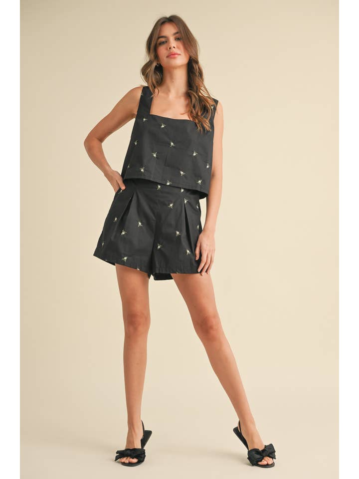 Black IST5876-A EMBROIDERY SLEEVELESS TOP AND SHORTS SET for wholesale on Faire