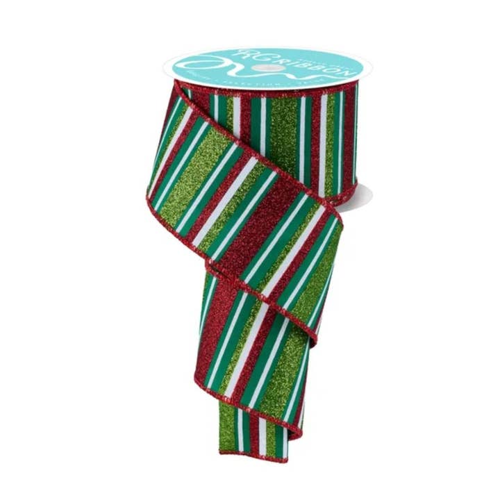 Lucknow Southern and Company - Wholesale Ribbon – Gift wrapping - 2.5"X10YD WIRED RIBBON HORIZONTAL STRIPE - EMERALD/RED/LIME/