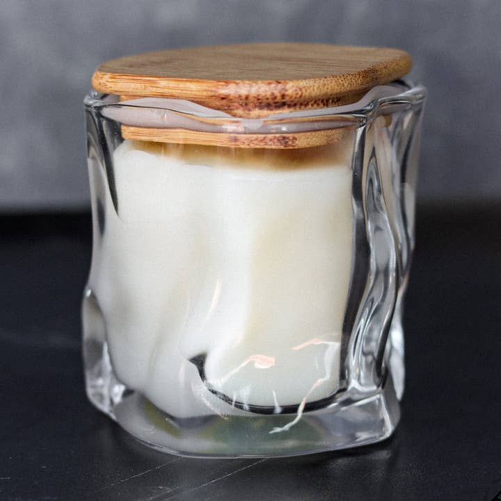 Clear Wave Shaped Glass Candle with Bamboo Lid - Choose Your Scent for wholesale by Cedar Mountain Candle
