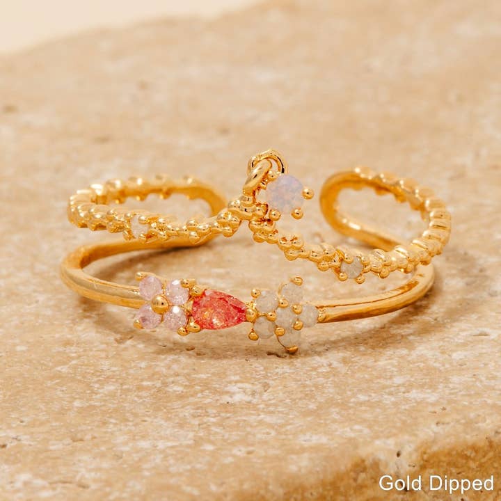 Gold Dipped Cz Flowers Crown Layered Open Band Ring for wholesale by Anarchy Street