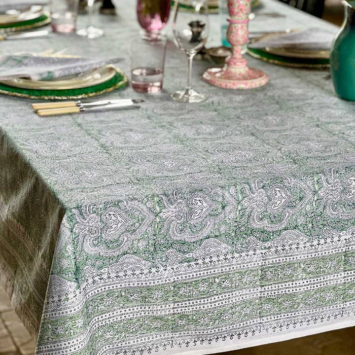 Barok tafelkleed van jade met blokprint voor wholesale door FARO