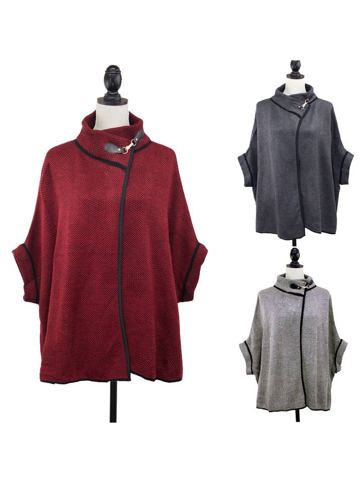 Fennco Styles - Wholesale Poncho - Women's - Knit Buckle Poncho Cape Jacket