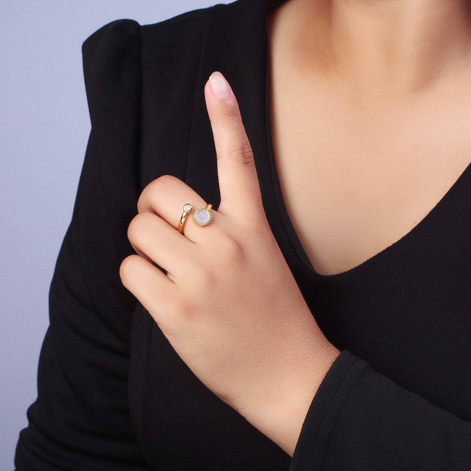 Aim Eternal – Anel multi-pedra por atacado – Gold Double Round Micro Paved CZ Shell Pérola, anel aberto ajustável zircônia | Y3873