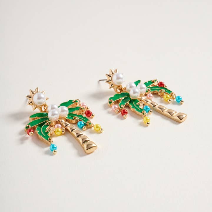 Designature New York - Wholesale Dangle Earrings - Christmas Palm Tree Pearl Ornaments Post Earrings1