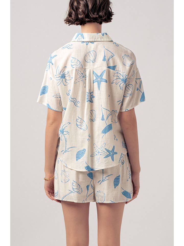 Urban Daizy - Wholesale Lounge Set - Women's - Coastal Print Camp Collar Shirt and Shorts Set