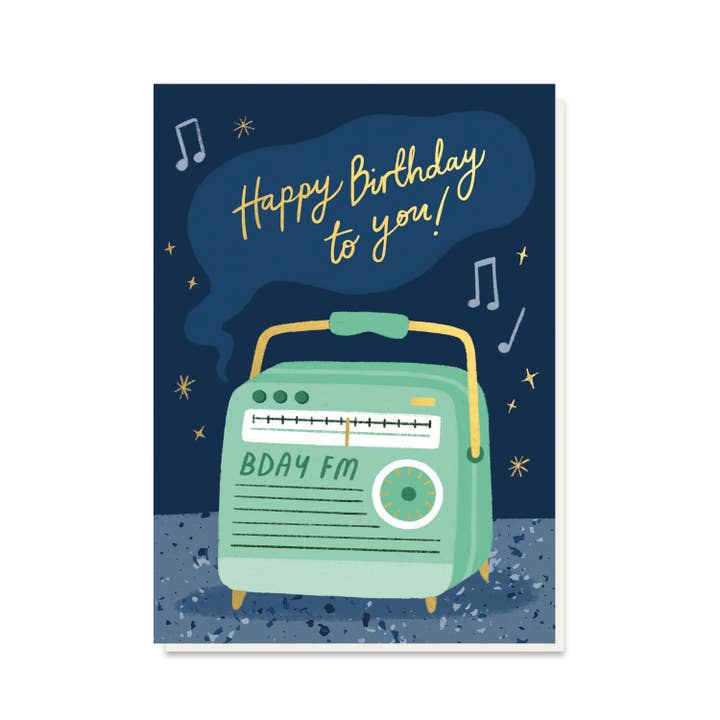 Stormy Knight - Wholesale Birthday Card - Radio Birthday Card | Retro Radio | Gold Foiled Cards