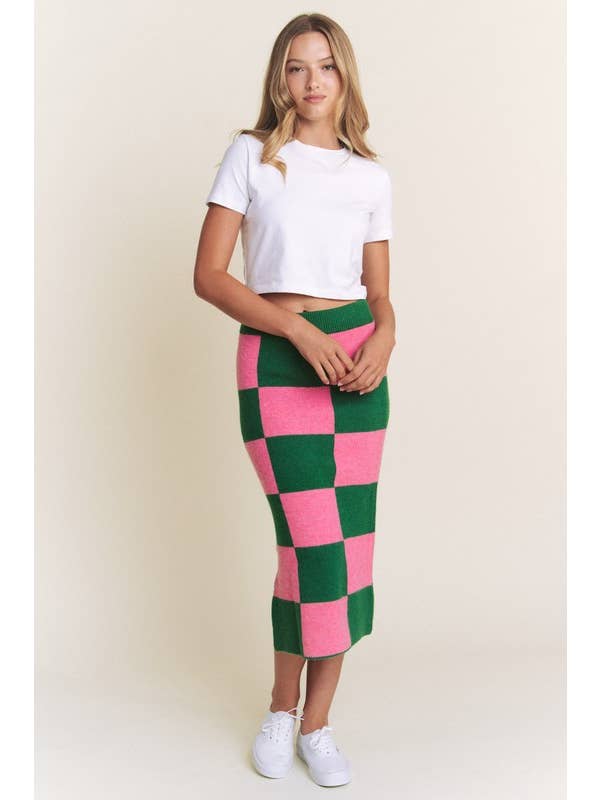 JADE BY JANE - Wholesale Skirt - Women's - BIG CHECKERED PAST KNIT PENCIL MIDI SKIRT W/ SIDE SLIT2