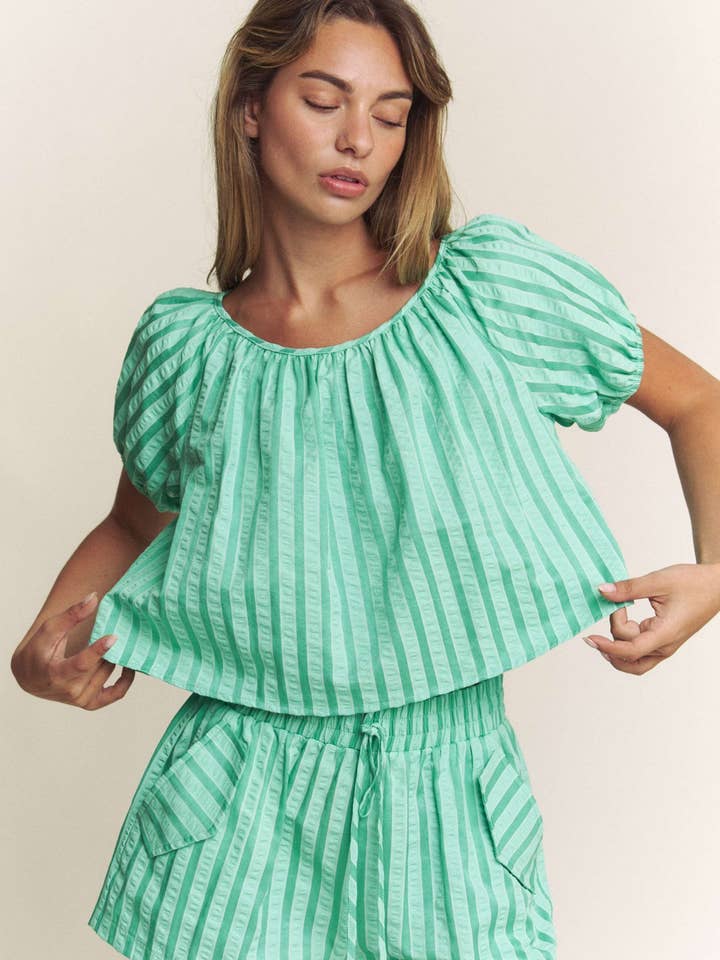 GREEN STRIPED ROUND NECK AND MATCHING SHORTS SET for wholesale on Faire