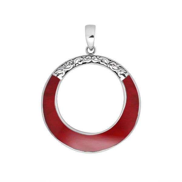 AP-1117-CR Sterling Silver Round Pendant With Red Coral Inlay for wholesale by Bali Designs