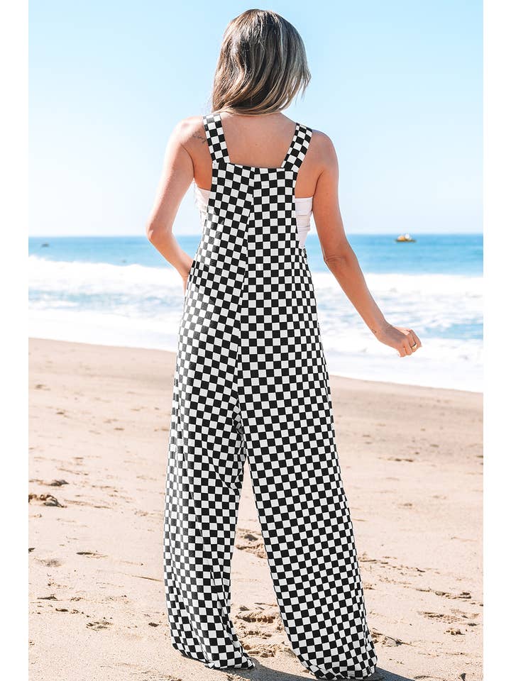 Black Checker Pocketed Wide Leg Jumpsuit for wholesale on Faire