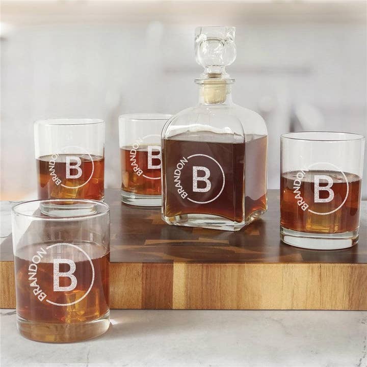 Engraved Groomsmen Circle Name Decanter Set for wholesale by Sunny Jar Personalized