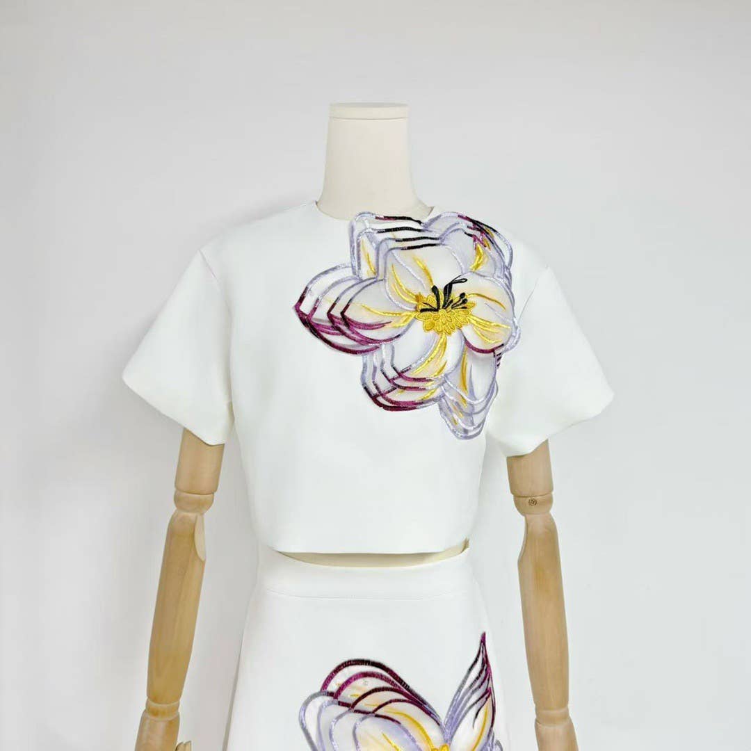 Productseeker - Vendita all'ingrosso Completo top e gonna - Donna - Completo Estivo Elegante 3D con Fiori a Maniche Corte e Gonna 21Y9