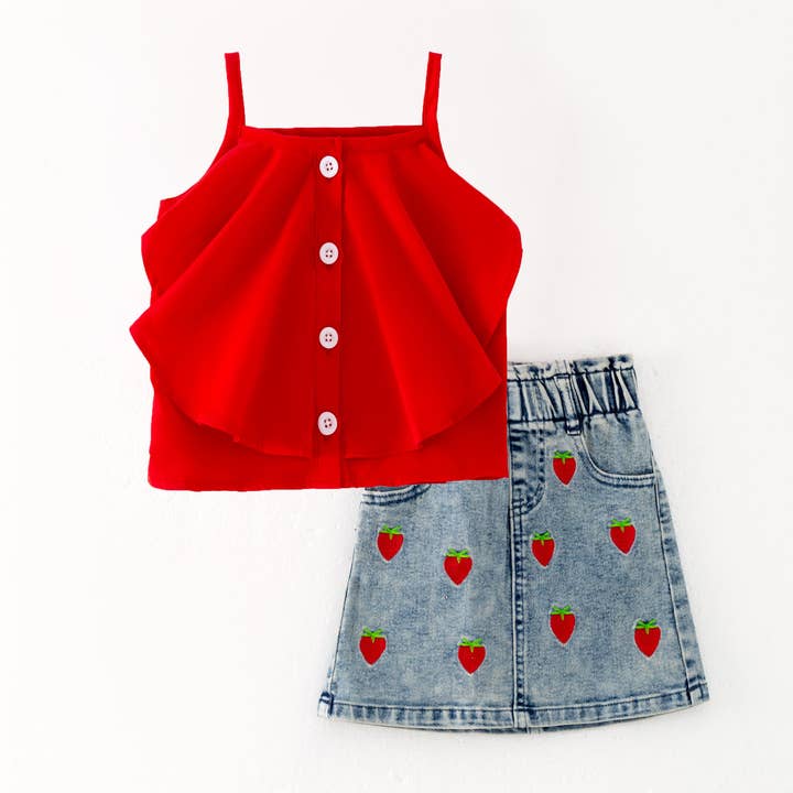 Auraquise - Wholesale Top & Short Set - Kids - Girls Summer Red Top Strawberry Embroidered Denim Short Set