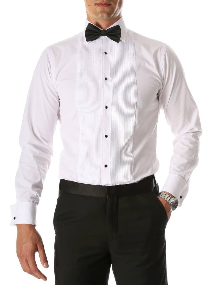Ferrecci Men's Paris White Regular Fit Lay Down Collar Pleated Tuxedo Shirt for wholesale by Ferrecci
