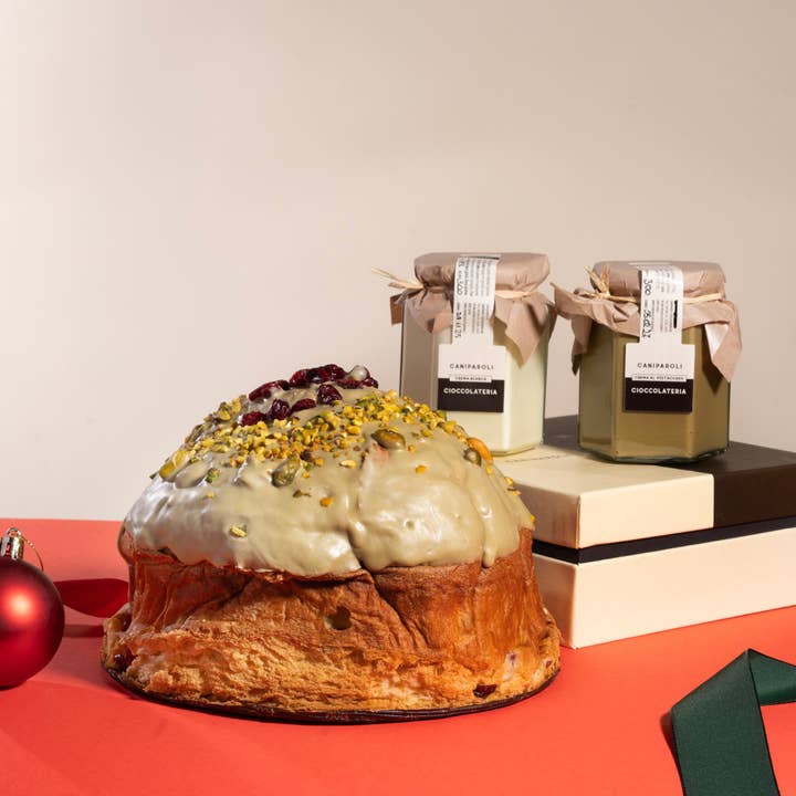BOX Ouro Verde - 2 panettones pistache + 2 cremes Caniparoli por atacado de Caniparoli Cioccolateria