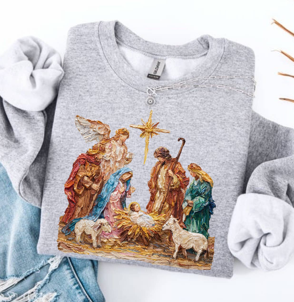 Posh Magnolia Boutique – Engroshandel Grafisk Sweatshirt - Dame – Julekrybbens Kvinders Juletrøje, Religiøs T-shirt1