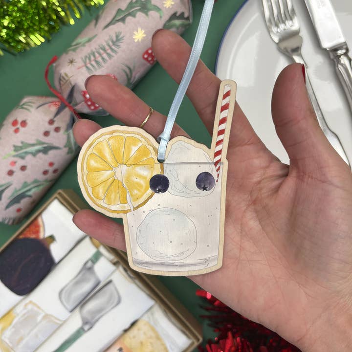 Wooden Christmas Ornament | Gin & Tonic Design for wholesale by Corinne Alexander