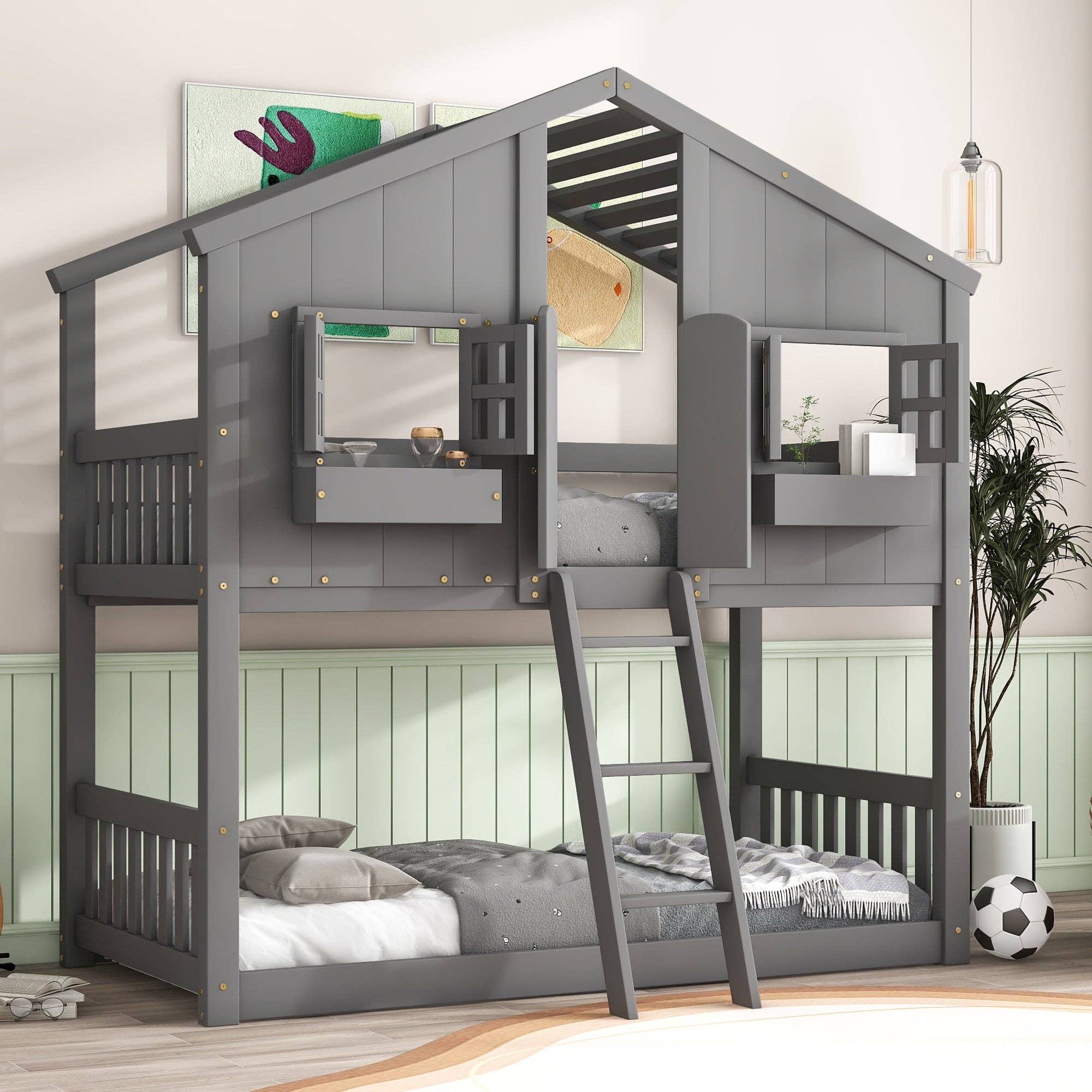 39F Inc. - Wholesale Bed - Kids & Baby - Grey Twin over Twin House Bunk Bed with Roof, Guardrails 0